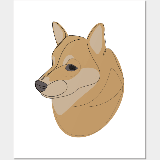 Shiba Inu - one line drawing with colour Wall Art by addillum